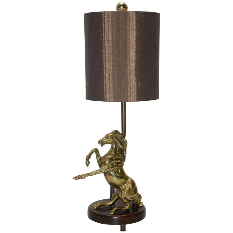 Vintage Solid Brass Horse Lamp with Shade For Sale at 1stdibs