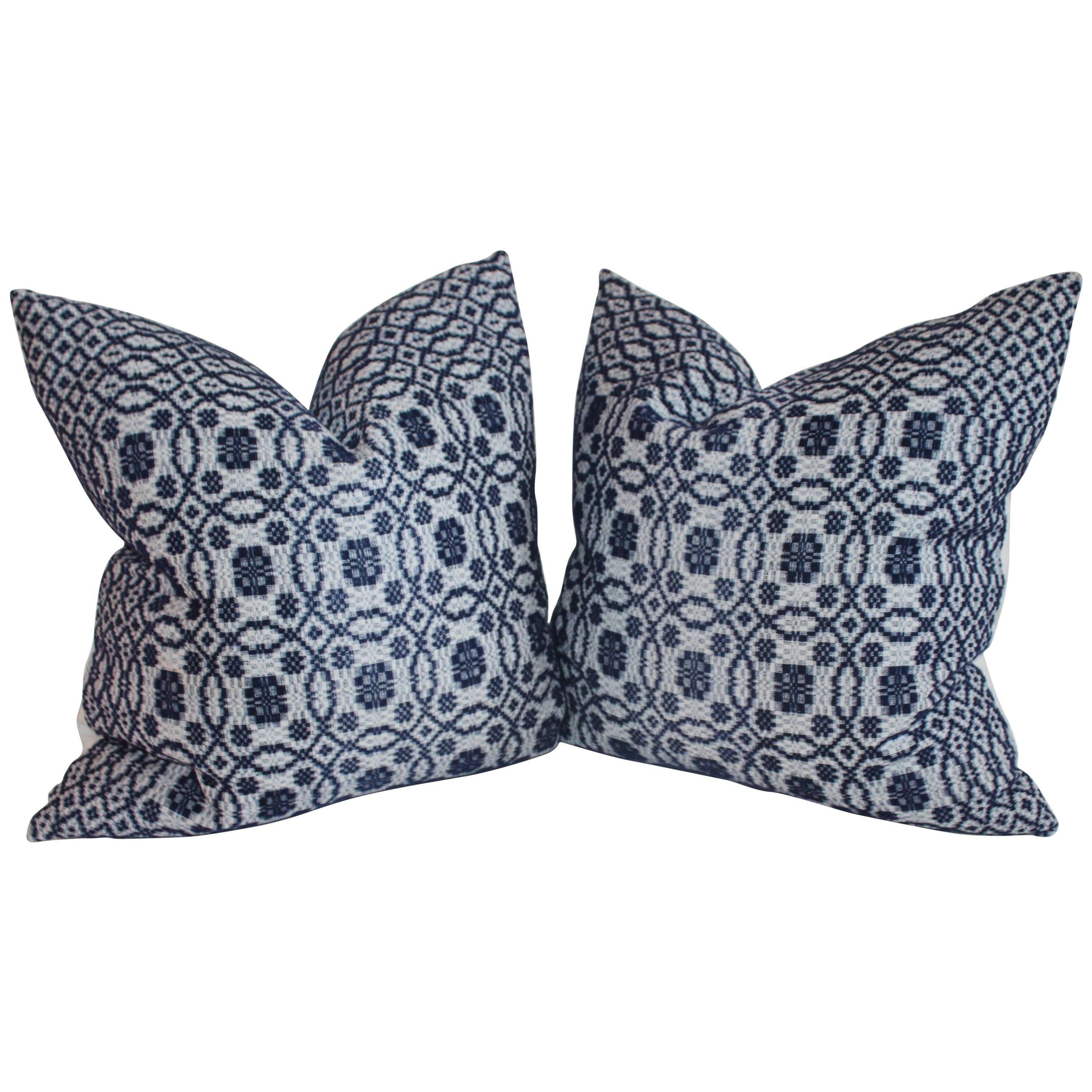  19th Century Jacquard Coveret Indigo Pillows For Sale