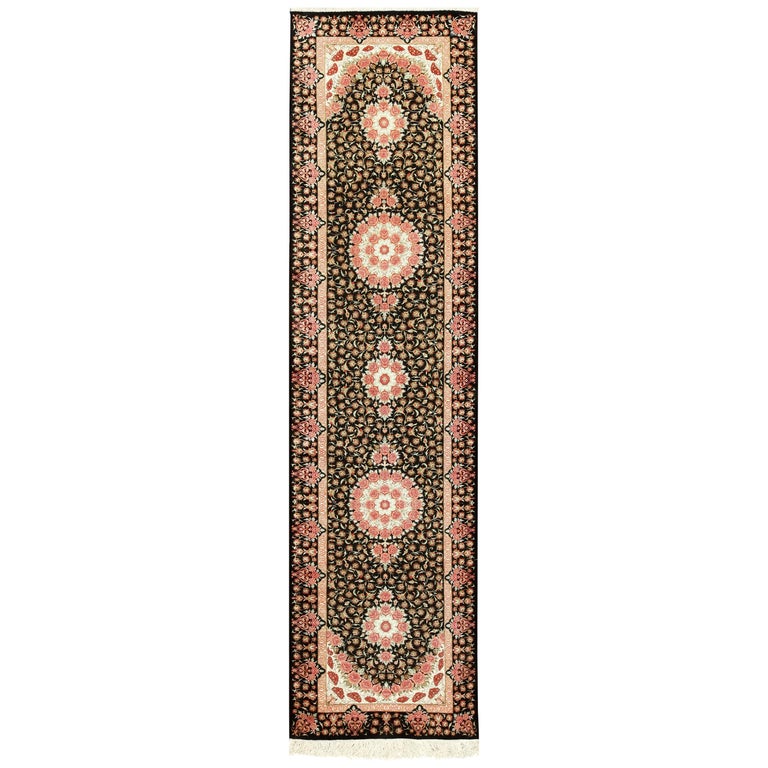 Black Silk Qum Persian Runner Rug For Sale at 1stdibs