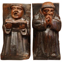Antique Pair of 18th Century Spanish Carved Oak Monk Figures Bookends