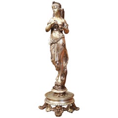 19th Century French Silvered Bronze Roman Woman Statue Standing on Dolphin