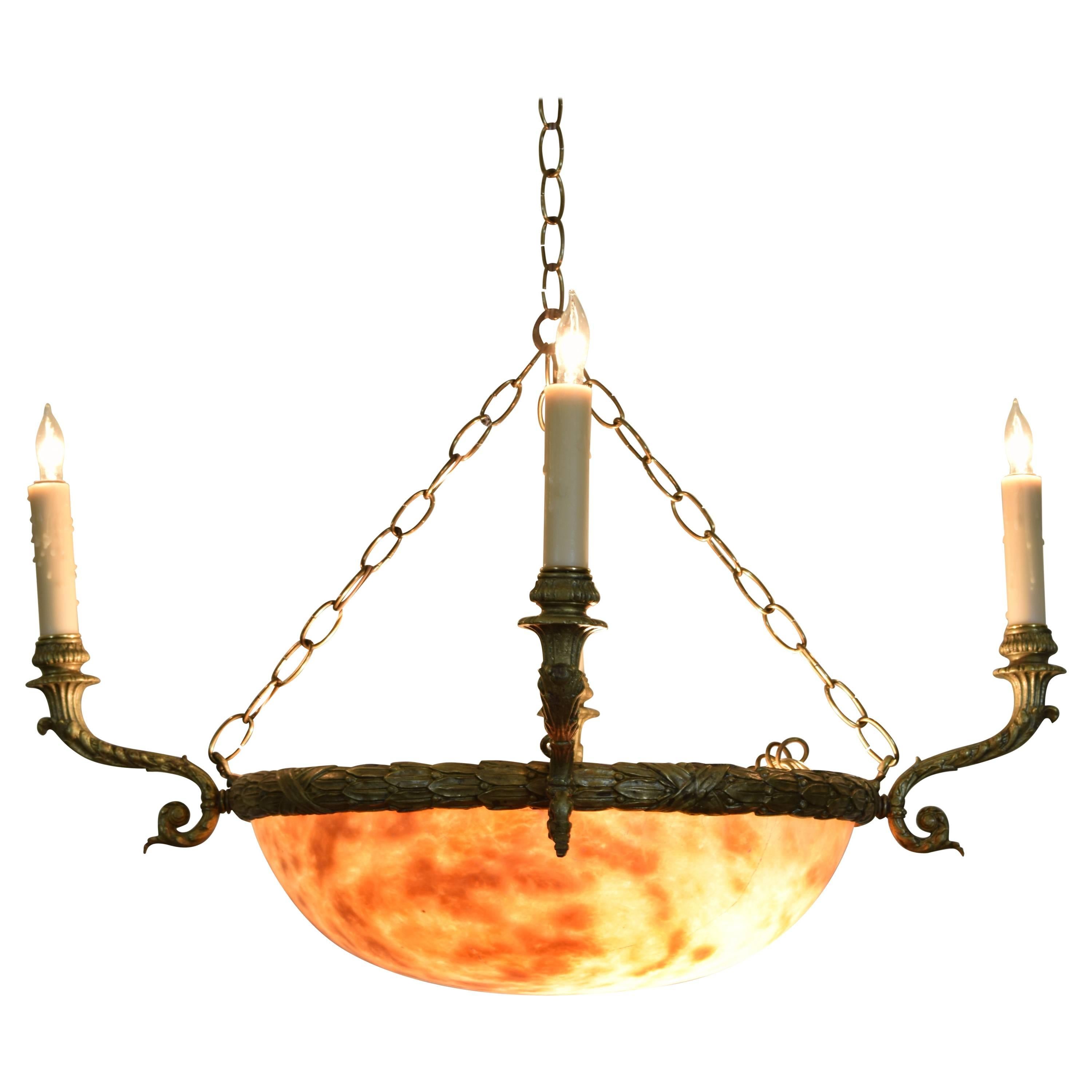 French Neoclassic Alabaster and Brass Lantern Chandelier