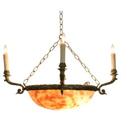 French Neoclassic Alabaster and Brass Lantern Chandelier