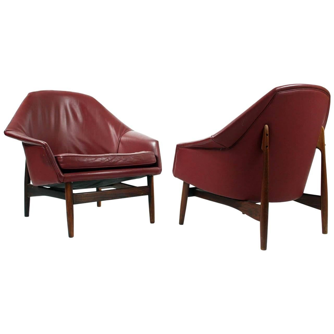 Pair of Rosewood and Leather Lounge Chairs by Ib Kofod Larsen for Carlo Gahrn