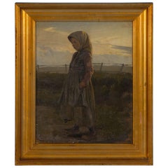 Antique 19th Century Danish Oil Painting of a Farm Girl