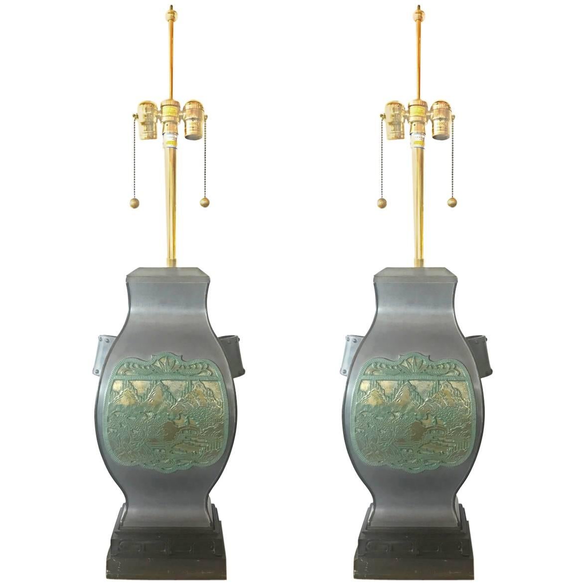 Pair of Marbro Asian Brass and Pewter Lamps, circa 1950