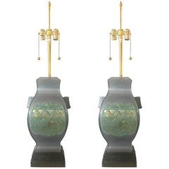 Used Pair of Marbro Asian Brass and Pewter Lamps, circa 1950