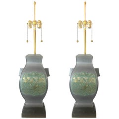 Vintage Pair of Marbro Asian Brass and Pewter Lamps, circa 1950