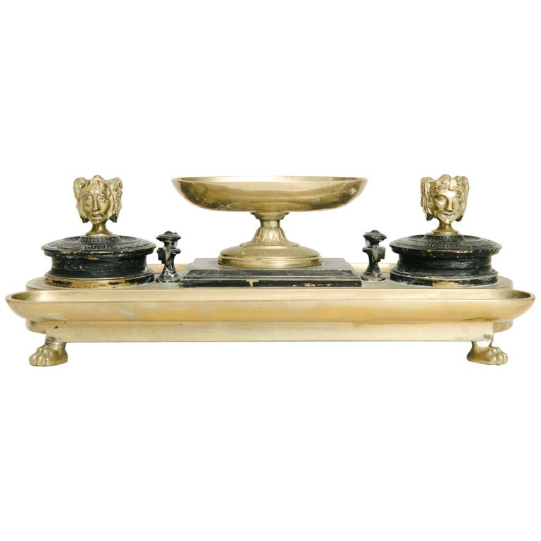 Antique Victorian Brass Inkwell And Writing Desk Set For At 1stdibs Antique Neoclassical Bronze Inkwell Desk Set