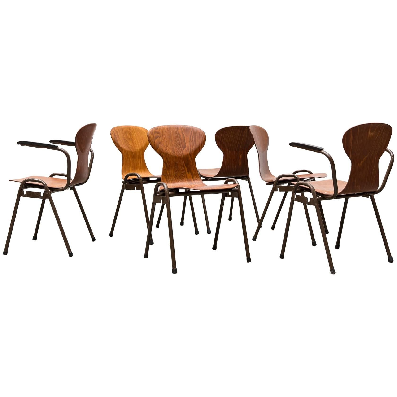 Mid-Century Fritz Hansen Style Stacking Teak Toned School Chairs For Sale