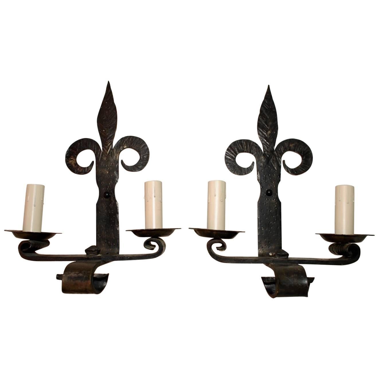 Large French Handmade Wrought Iron Sconces For Sale