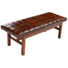 Leather Mid-Century Modern Walnut Risom Style Bench Ottoman 12