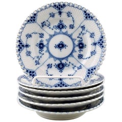 Six Blue Fluted, Full Lace Flat Dessert Plates from Royal Copenhagen