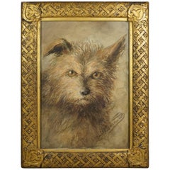 Used 19th Century, Emily Barnard Watercolor Dog Portrait Norwich Terrier Art Nouveau