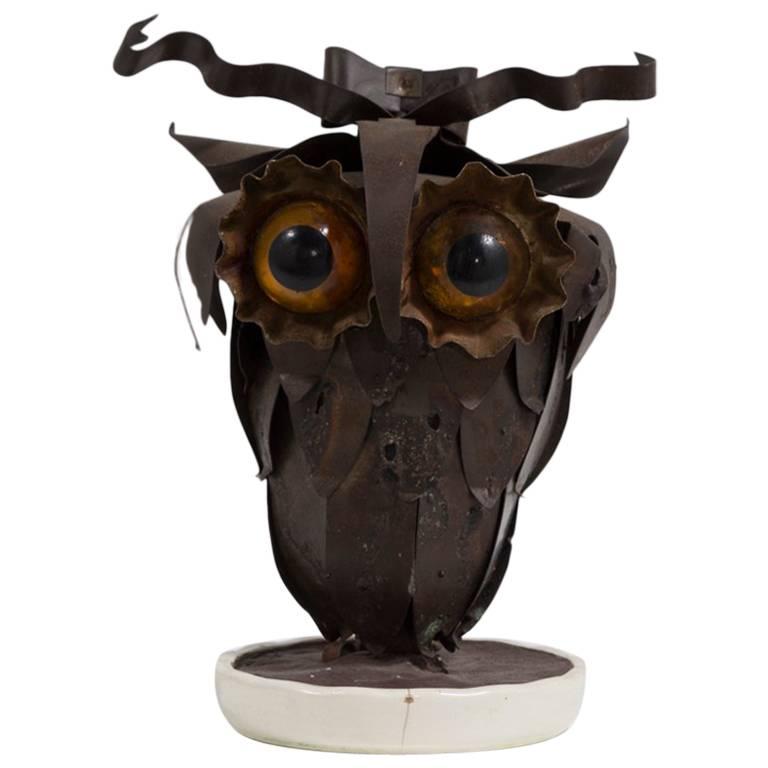 Small Brutalist Owl on a White Ceramic Base, 1960s