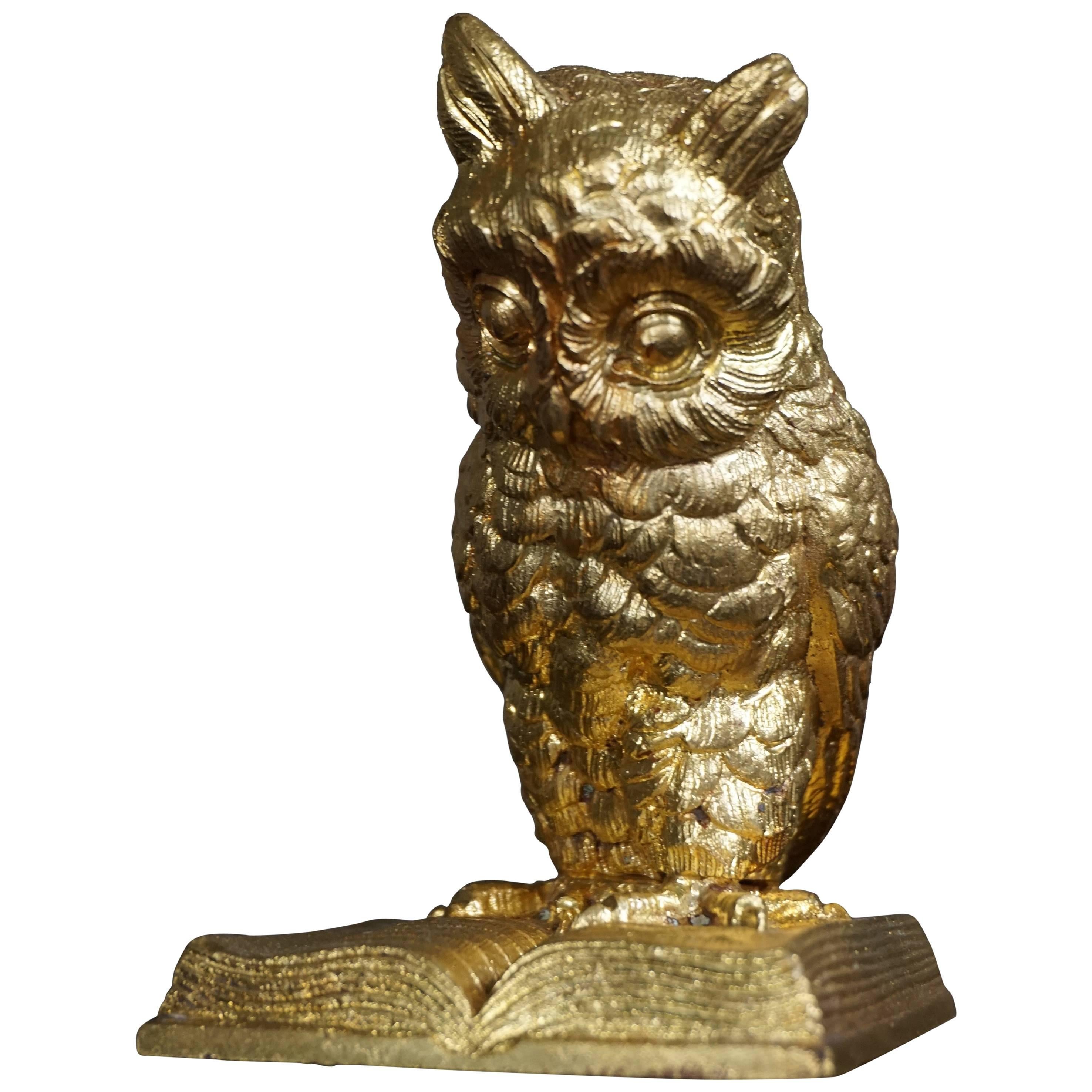 Late 19th Century Small Antique Gilt Bronze Owl on Book Sculpture, Paperweight