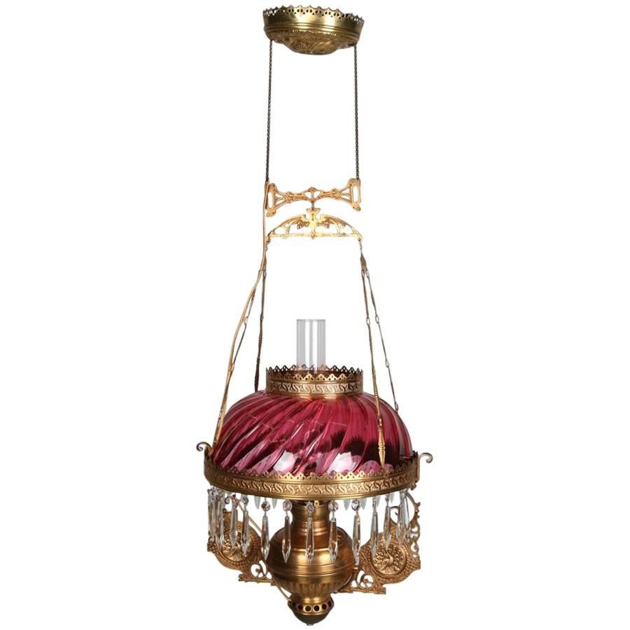 Antique Figural Glass, Gilt and Crystal Hanging Parlor Lamp, 19th Century