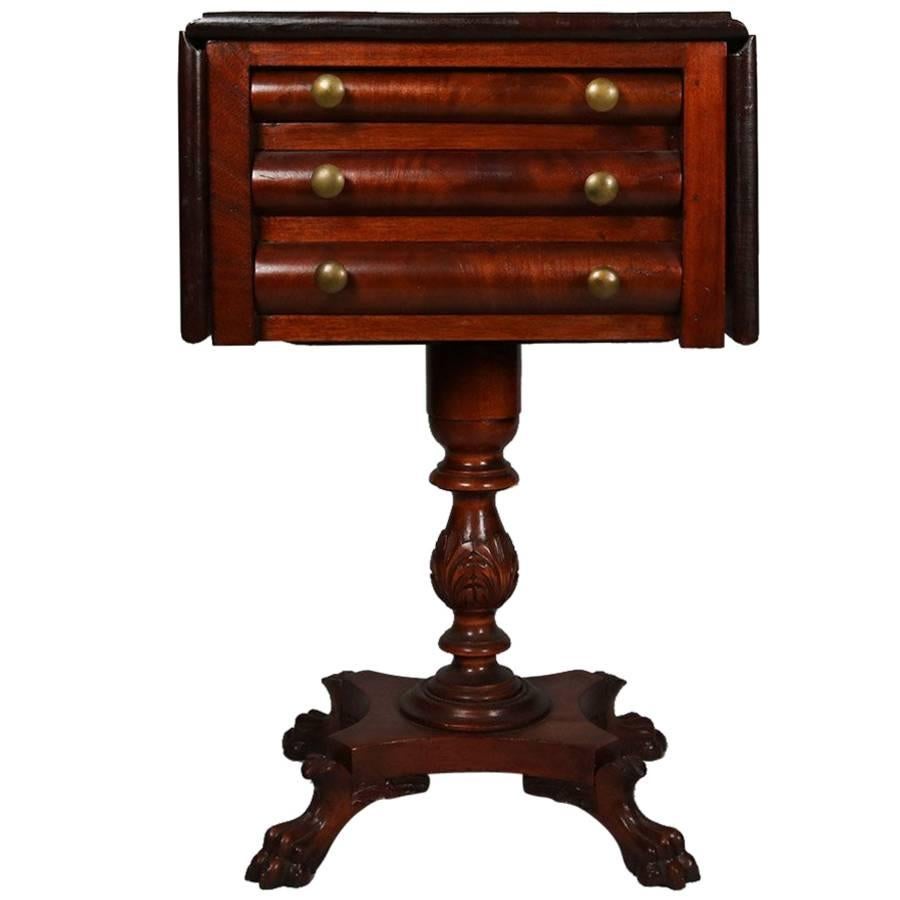 Antique American Empire Classical Flame Mahogany Drop-Leaf Three-Drawer Stand