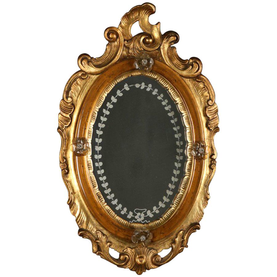 Antique Venetian Rococo Carved Giltwood & Etched Diminutive Wall Mirror, 19th C
