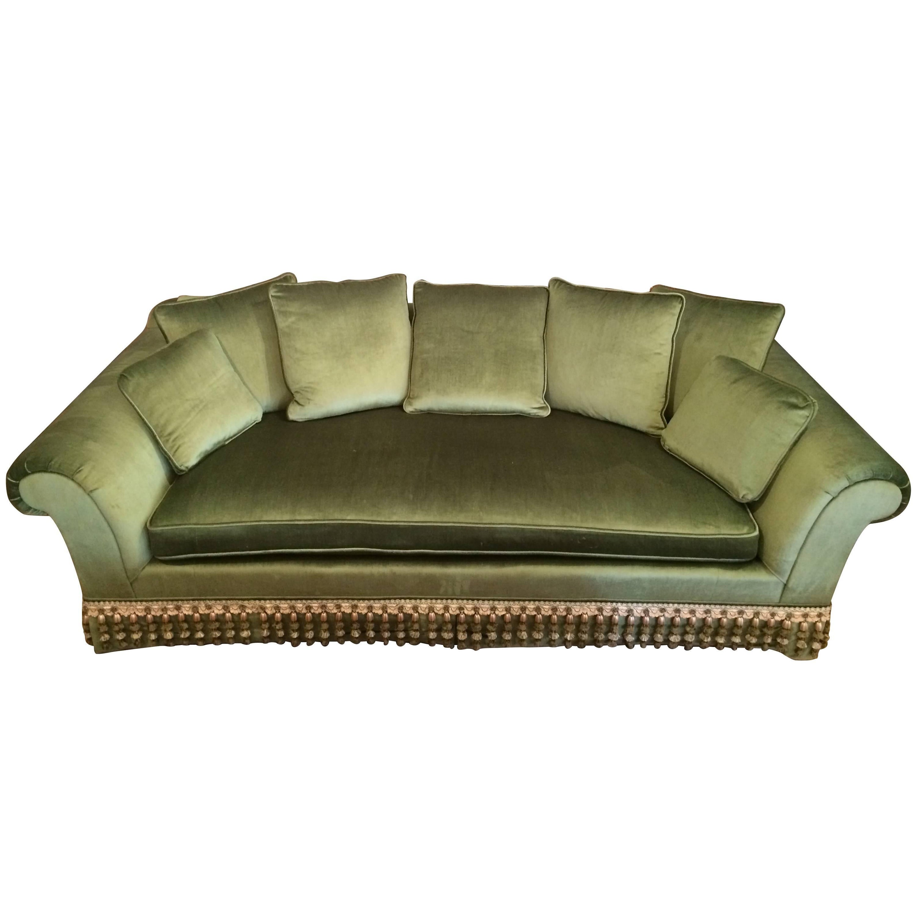 Elegant Custom Sofa Upholstered in French Sage Green Velvet & Buillon Fringe For Sale