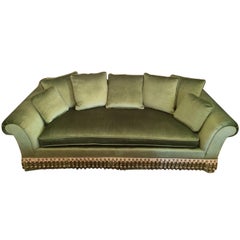 Vintage Elegant Custom Sofa Upholstered in French Sage Green Velvet & Buillon Fringe