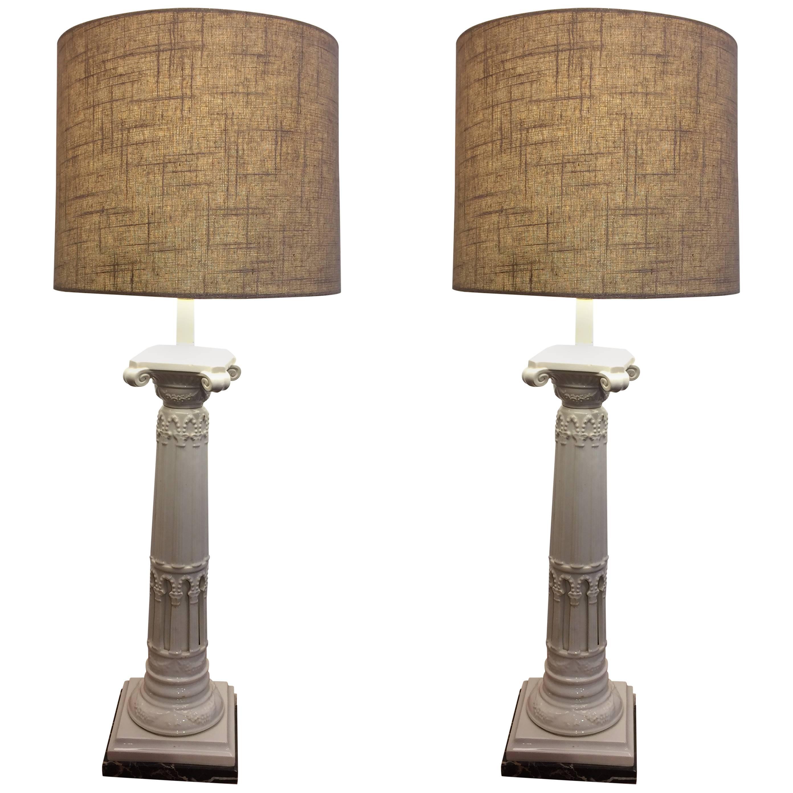 Fabulous Pair of Neoclassical Ceramic Column Motif Table Lamps