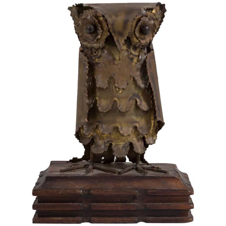 Small Brutalist Metal Owl on a Wooden Base, 1960s
