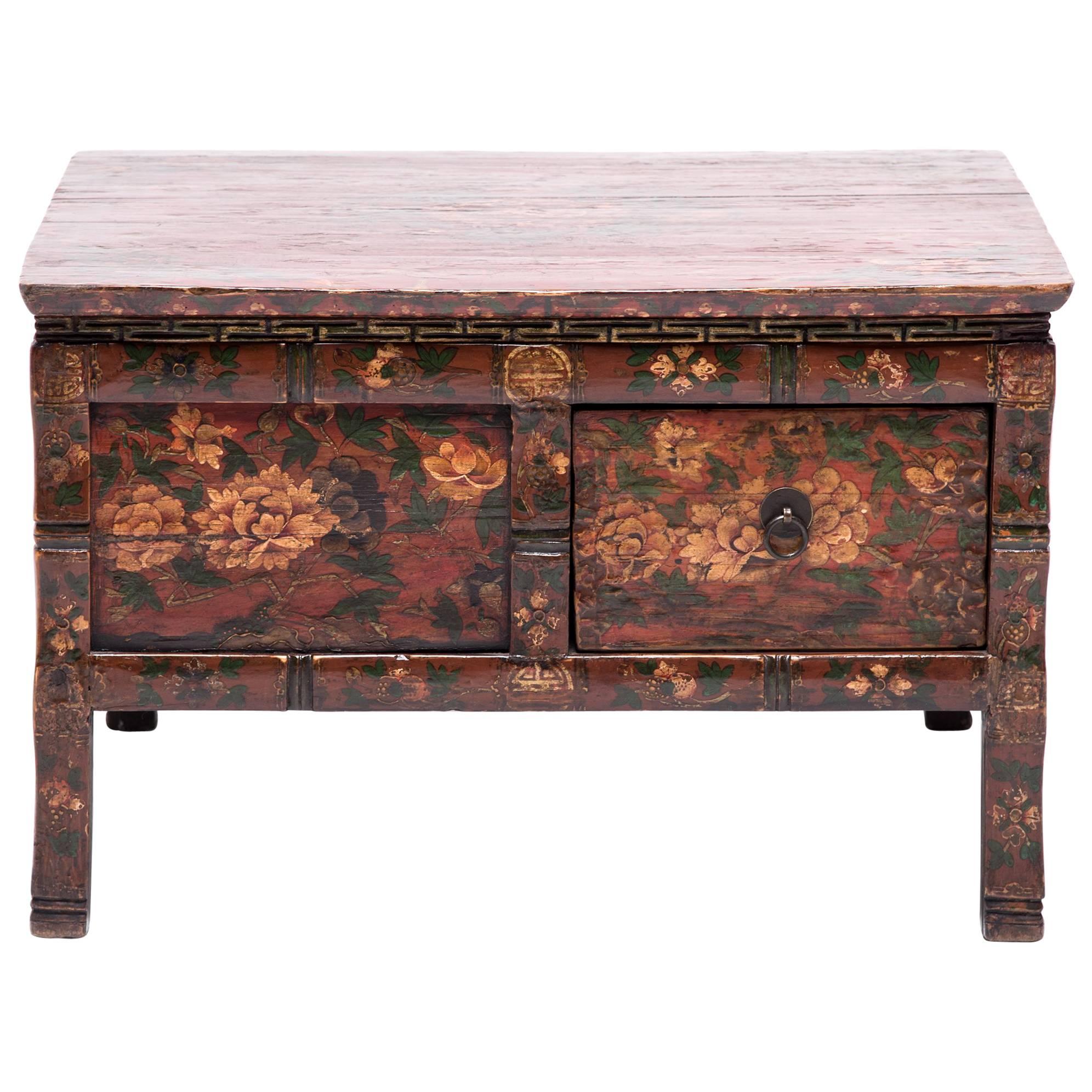 Low Tibetan Peony Table with Four Drawers, c. 1850