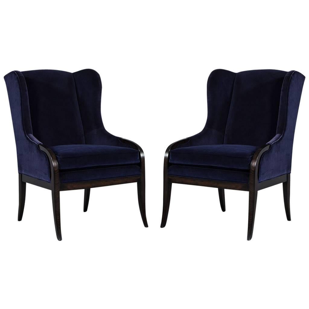 Pair of Custom Blue Velvet Wing Chairs