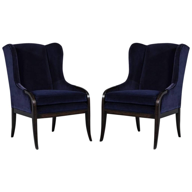Pair of Elegant and Bold Floral Linen Upholstered Wing Chairs by