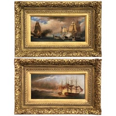 Pair of 19th Century Marine Oil Paintings with Ship Battle Scenes