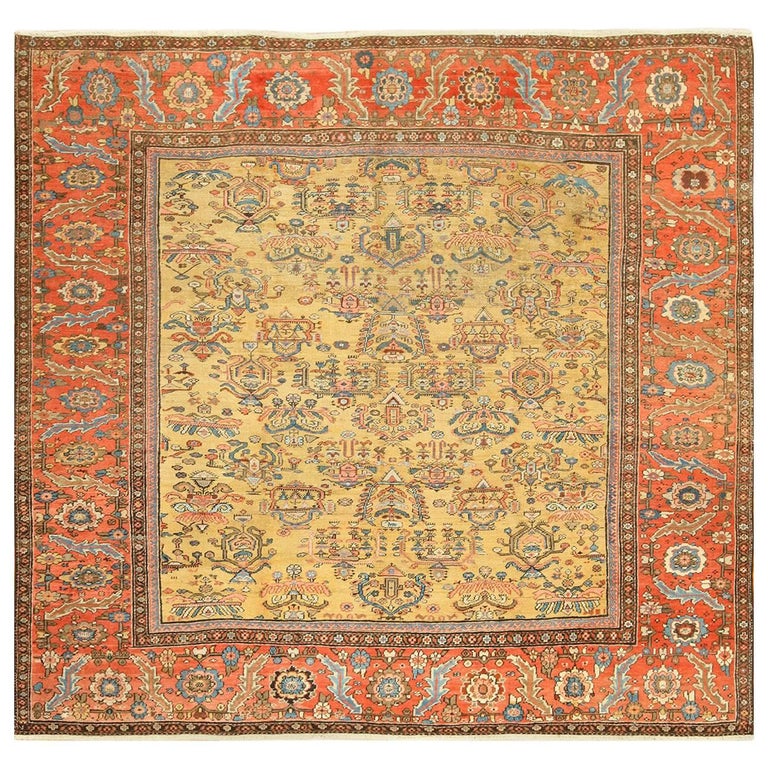 Yellow Background Square Antique Sultanabad Persian Rug at 1stdibs