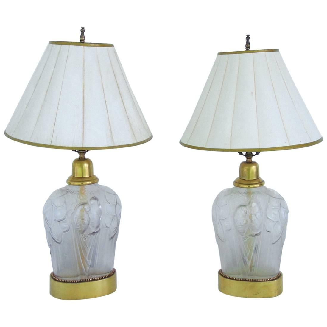 Pair of  French Art Deco Parrot Decorated Table Lamps
