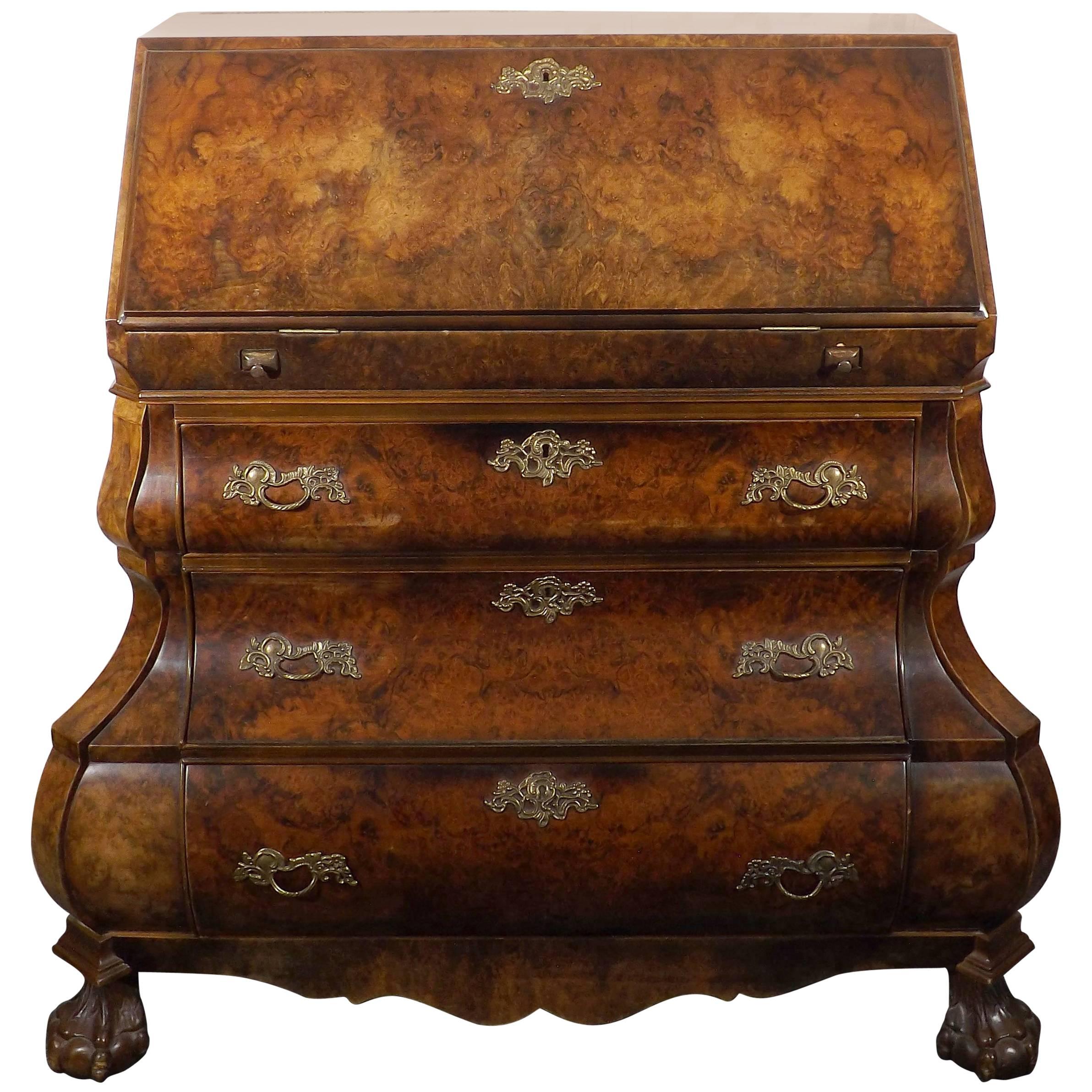 Walnut Burl Claw Foot Drop Front Bombe Desk or Secretaire For Sale