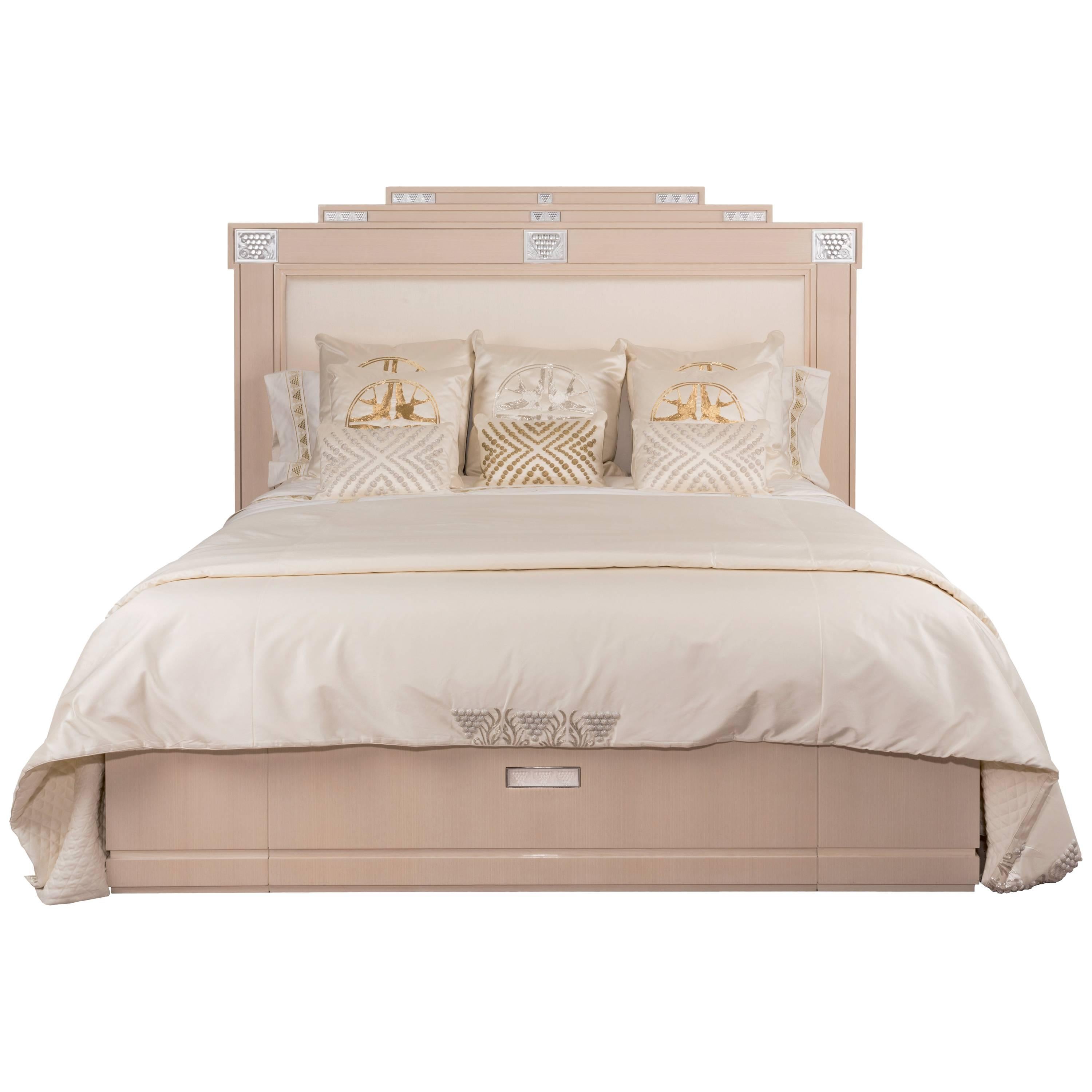 Lalique Maison Ivory Ash Bed Frame with Raisins Crystal Panel Accents