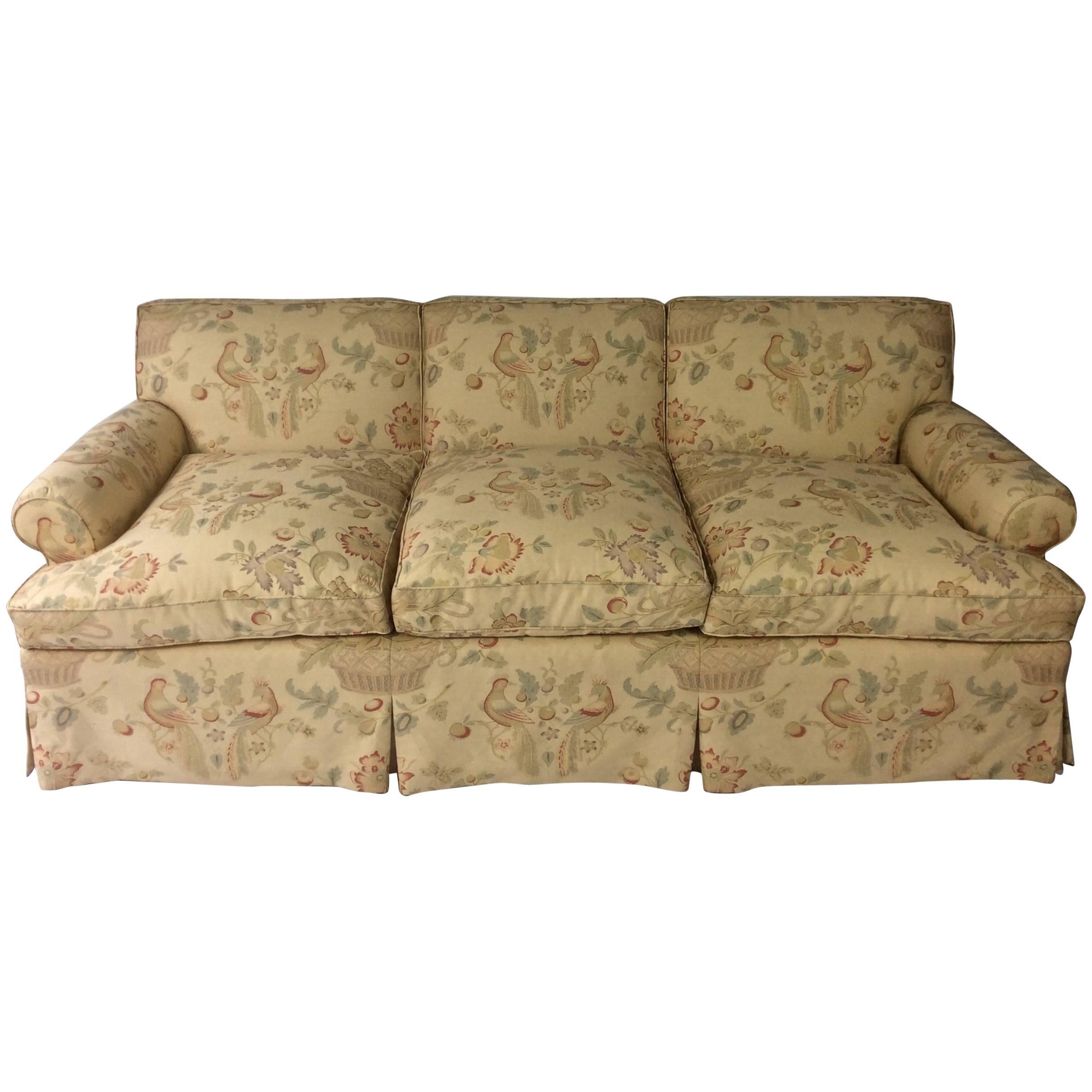 English Style Sofa, Custom Upholstered in Bennison Hand Blocked Linen, 