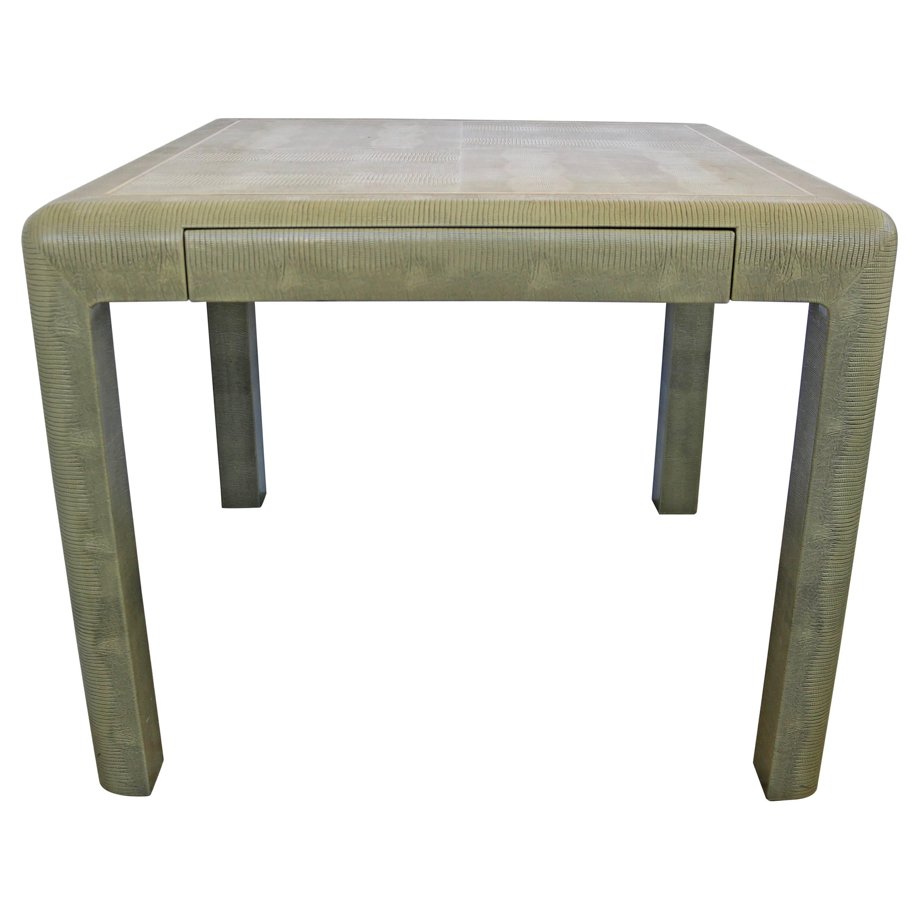 Karl Springer Game Table in Green Faux Lizard with Brass Trim, circa 1986
