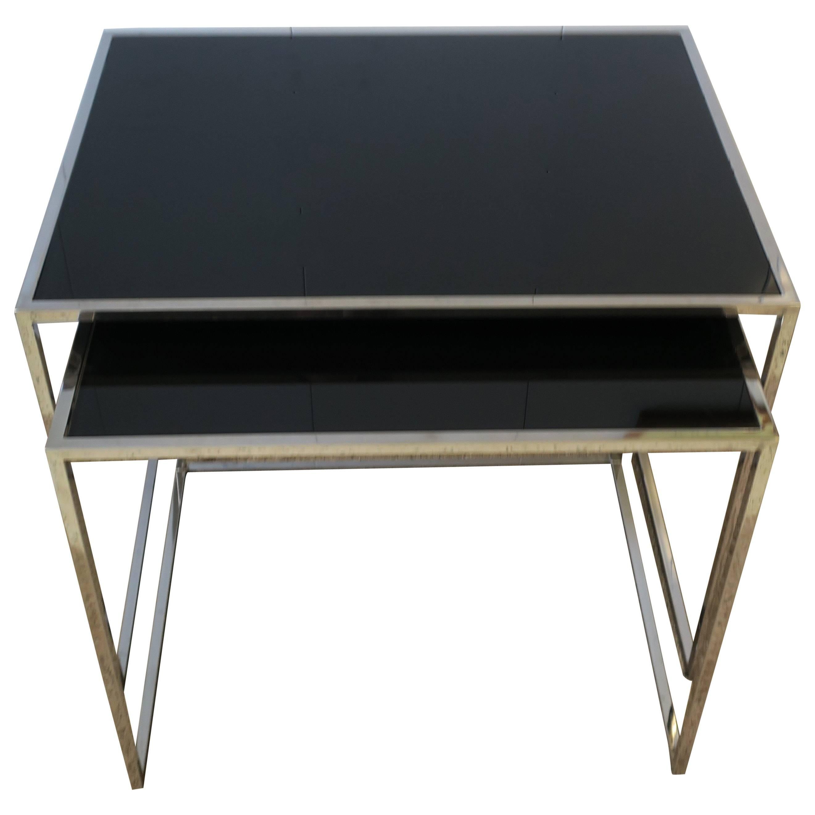 Minimalist Chrome and Black Glass Nesting or End Tables