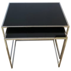 Vintage Minimalist Chrome and Black Glass Nesting or End Tables