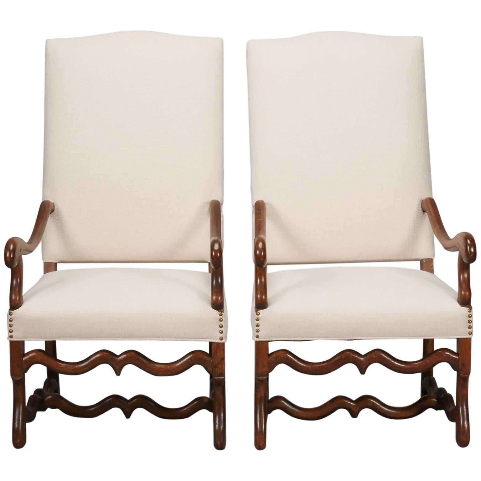Pair of High Back Os De Mouton Arm Chairs with New Upholstery