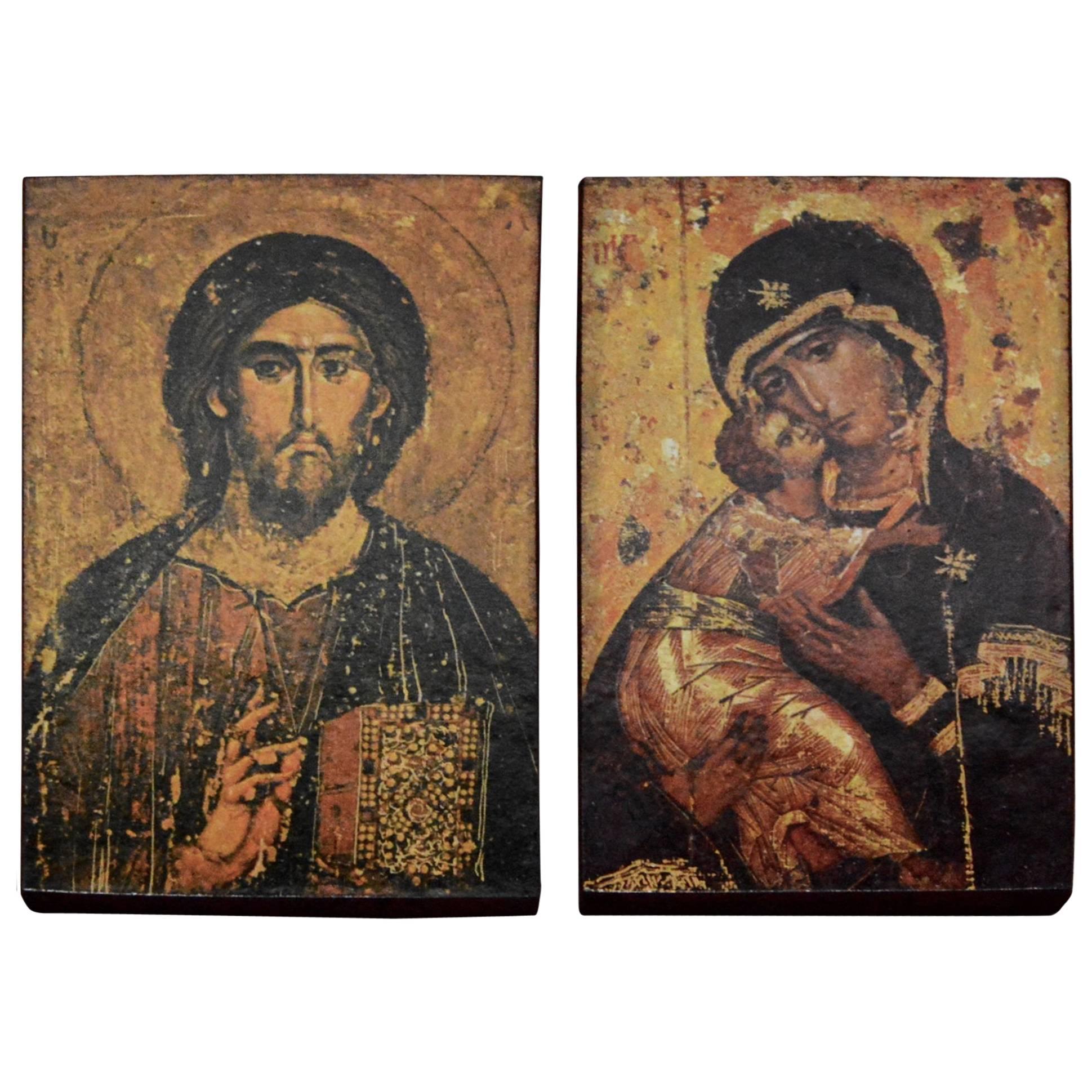 Prints on Wood of Religious Icons Christ and Mary, the Mother of God  