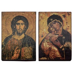 Prints on Wood of Religious Icons Christ and Mary, the Mother of God  