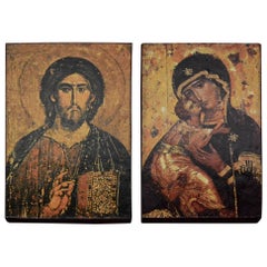 Prints on Wood of Religious Icons Christ and Mary, the Mother of God