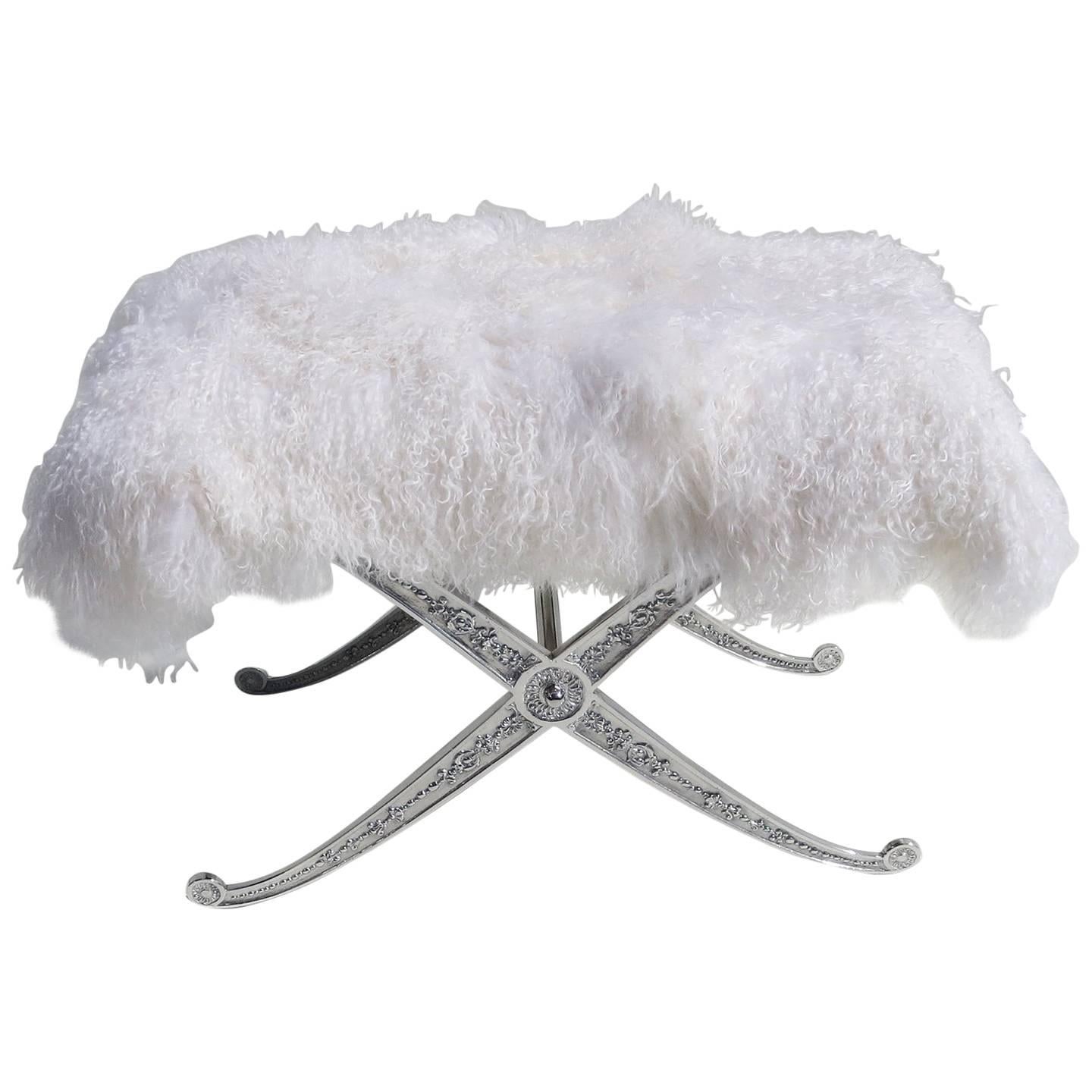 Hollywood Regency Style Bench in Polished Aluminum and Silky Fur For Sale