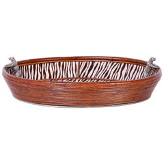 British Colonial Rattan Serving Tray or Basket with Tiger Handles