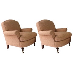 George Smith Style Club Lounge Chairs, Wood Turned Legs on Brass Castors