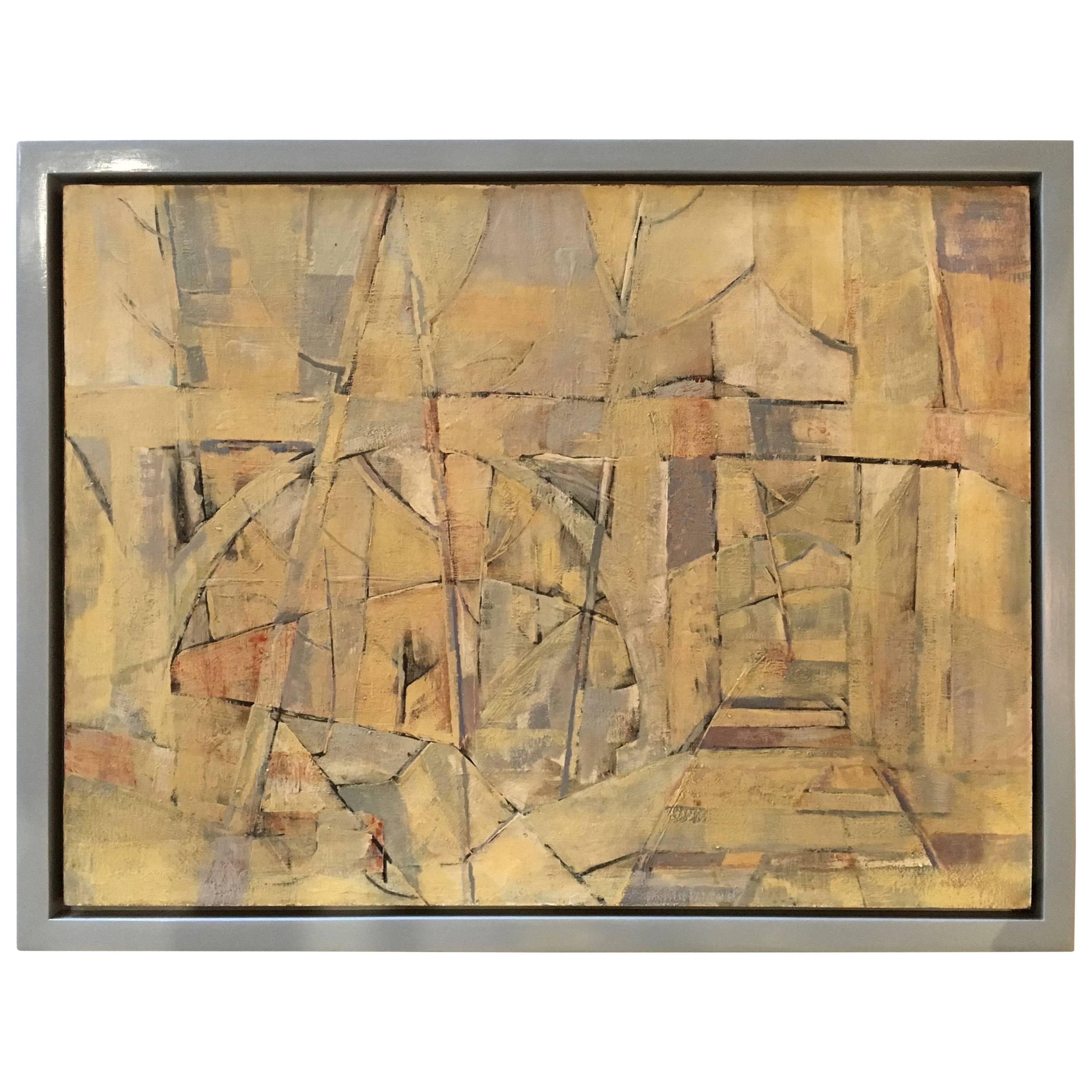 Mid-Century Modern Abstract Oil Painting, Floating Wood Frame