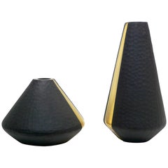 Formia 1980s Organic Modern Black and Gold Leaf Battuto Murano Glass Sexy Vase
