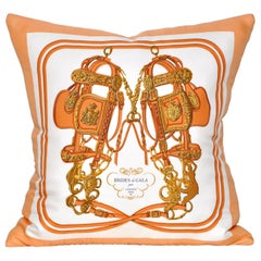 Vintage Hermes Orange Equestrian Silk Scarf with Irish Linen Cushion Pillow