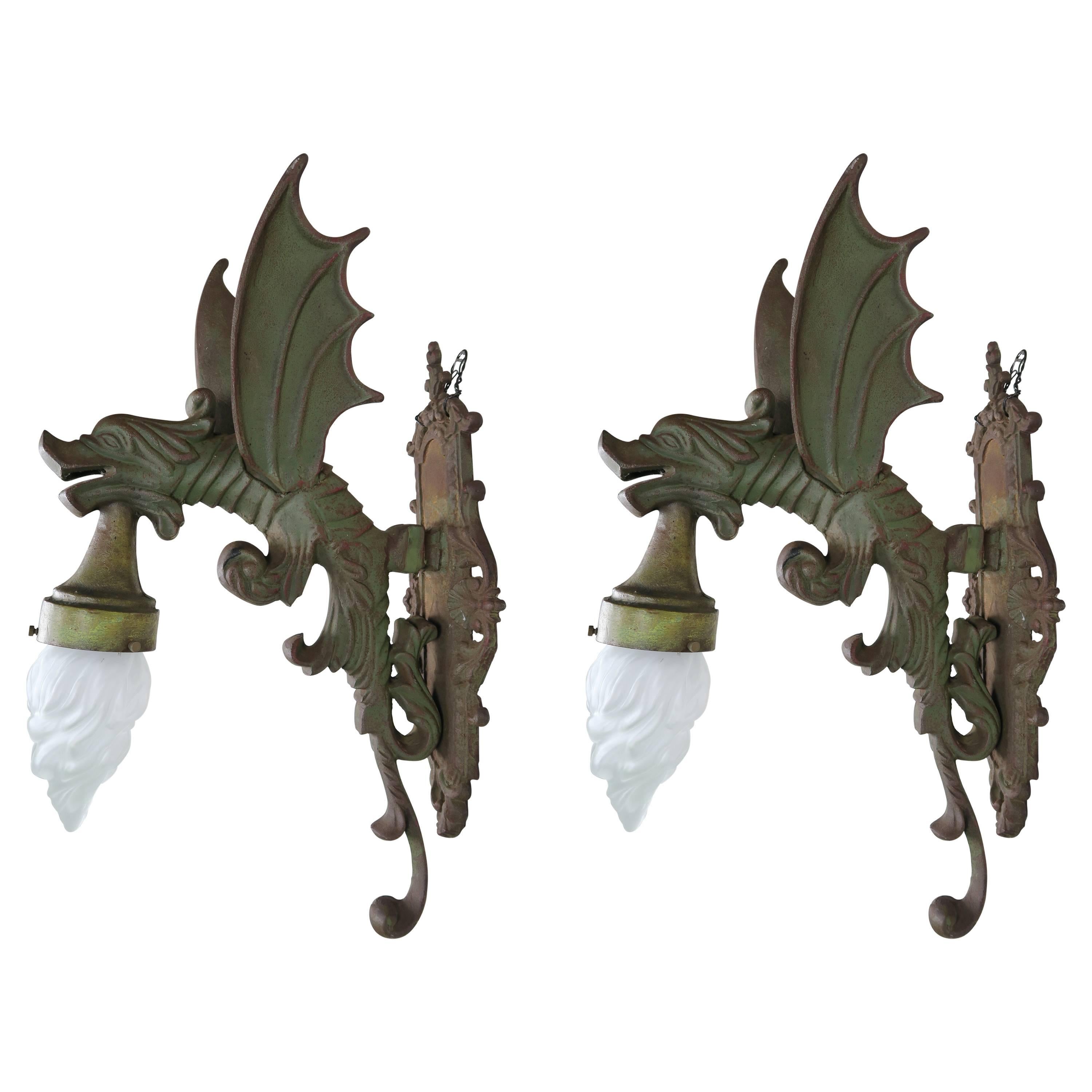 Pair of Gothic Style Dragon Sconces with Glass Bulbs